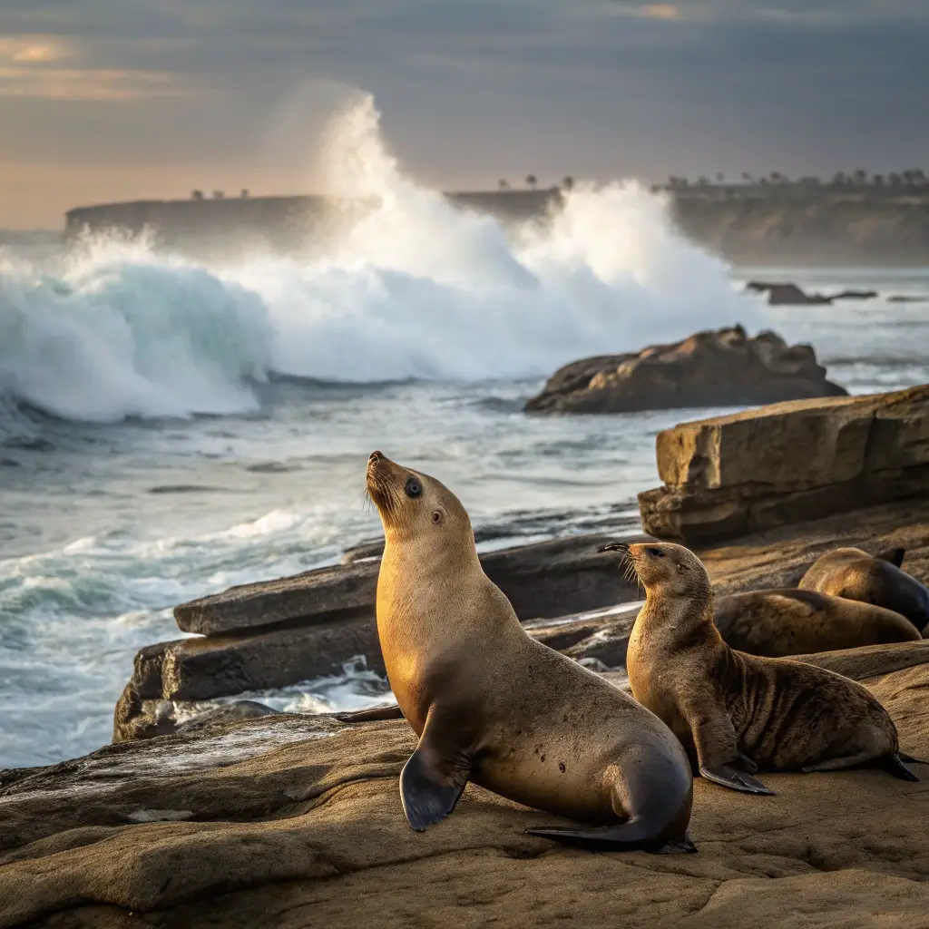 Sea lions resting on rocky coast at La Jolla Cove with crashing ocean waves in the backdrop, captured in morning light with detailed textures through a telephoto lens