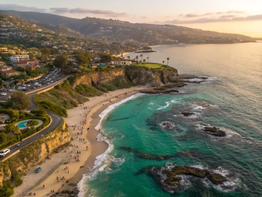 "Aerial view of Laguna Beach's coastline during golden hour, featuring turquoise waters, cliffs, Main Beach area, tide pools, people, trolley, public art in Heisler Park, hiking trails, pelicans, seals and a prominent lifeguard tower"
