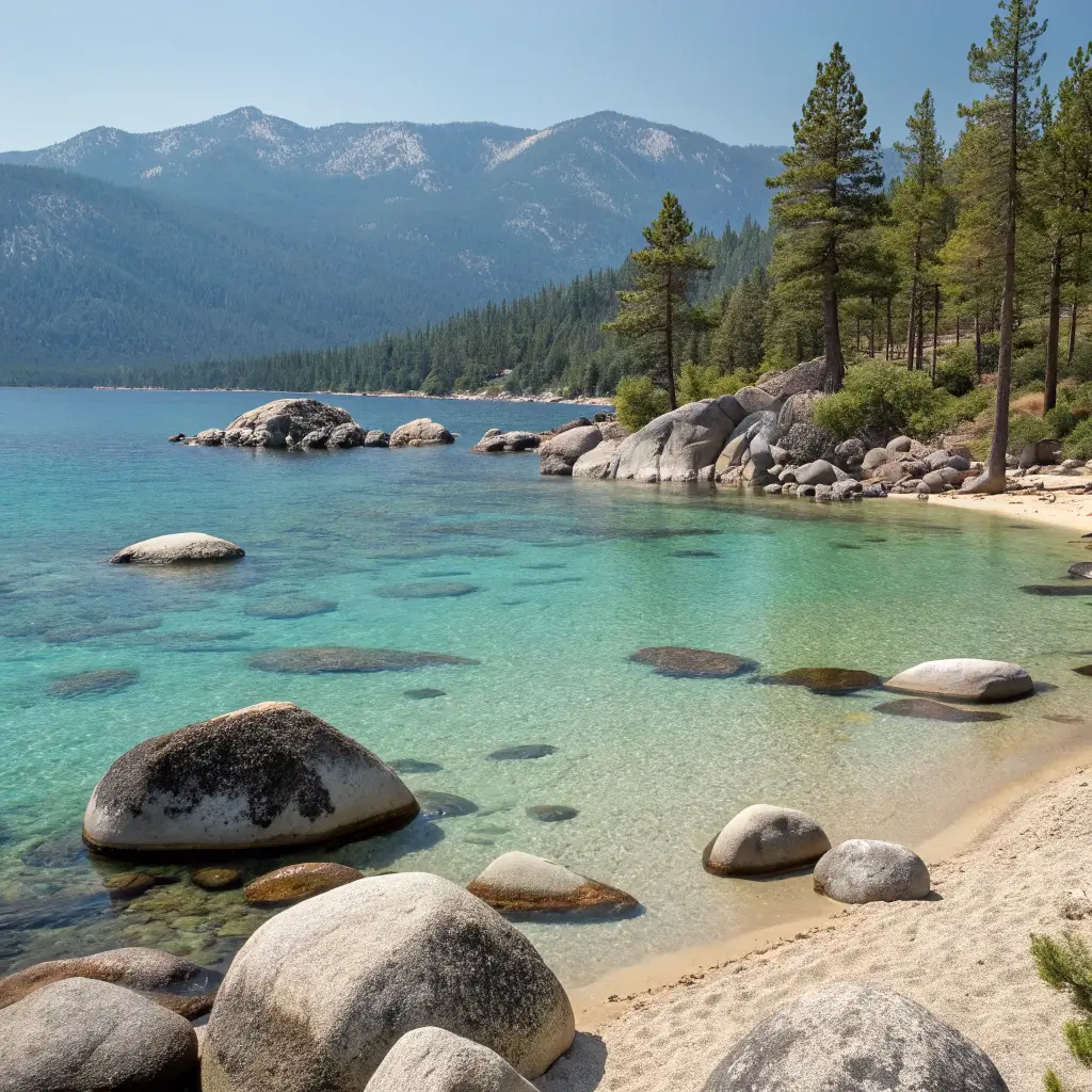 Serene beach view at Kiva Picnic Area, Lake Tahoe with clear turquoise water, smooth granite boulders, and pine-covered mountains