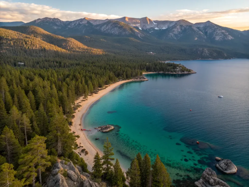"Aerial view of Lake Tahoe at sunset, featuring turquoise waters, Sierra Nevada mountains, Eagle Lake Trail, hikers, sandy beach with kayaks, Emerald Bay, snow-capped peaks, pine forests, historic Tallac Site, and dramatic shadows, shot with high dynamic range and a wide-angle lens."