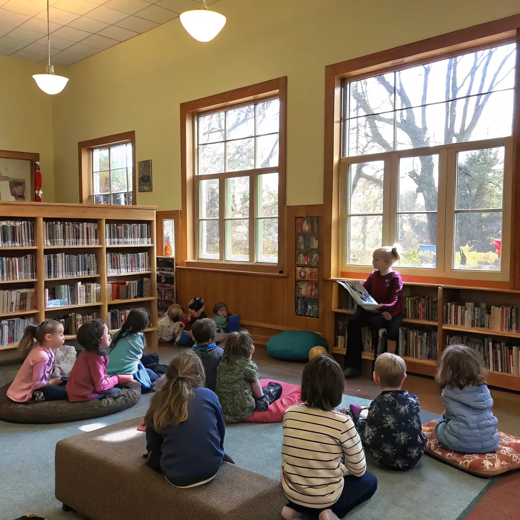 Children participating in a storytelling session in a cozy community library with large windows, wooden bookshelves and comfortable reading nooks
