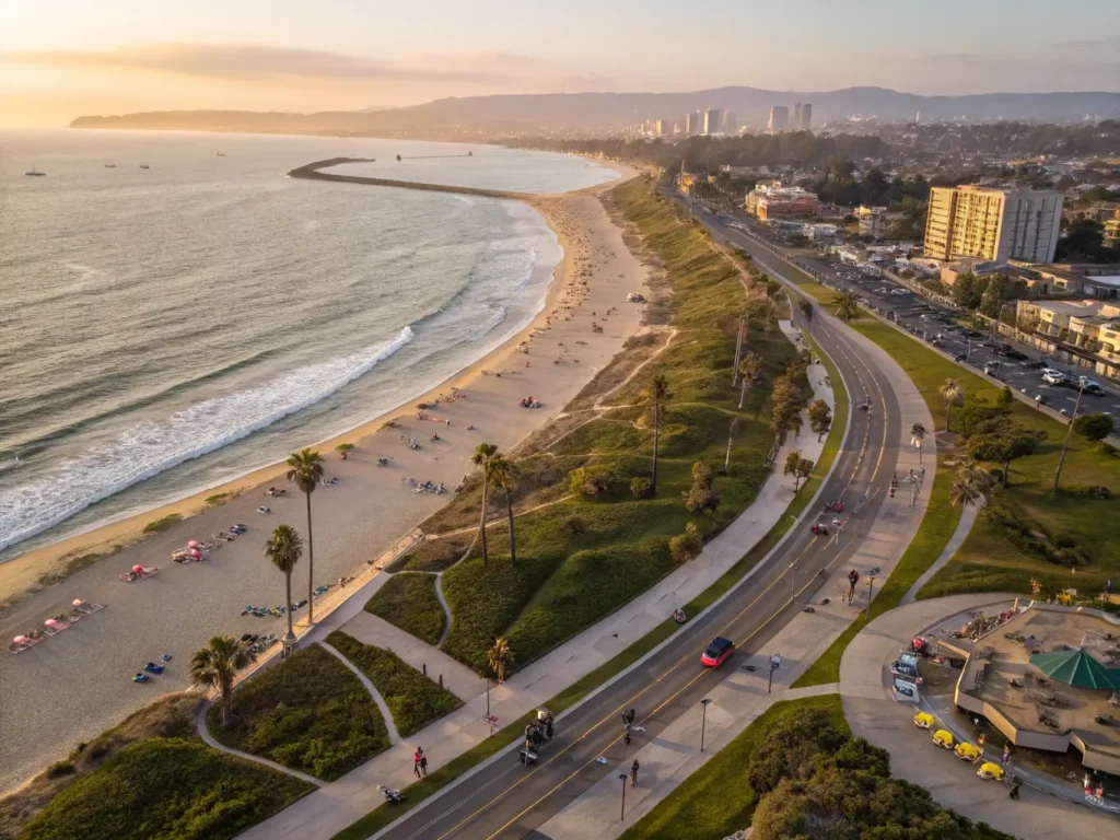 "Aerial view of Long Beach's coastline during sunset featuring Junipero Beach, the El Dorado Nature Center, Japanese Garden, beach activities, and Long Beach Museum of Art"