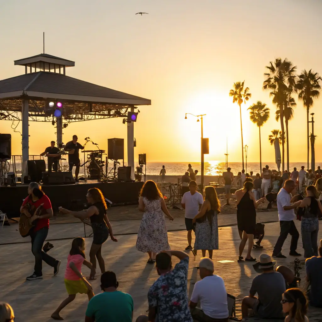 Crowds of diverse ages enjoy a free summer beach concert at sunset in Long Beach, silhouetted figures dancing in the warm golden light