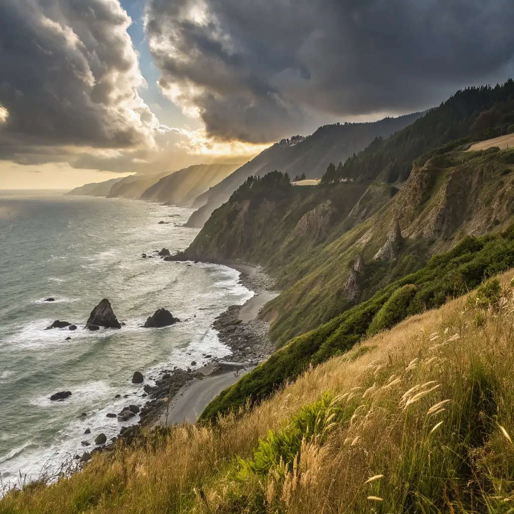 Dramatic coastal view on Lost Coast Trail with rugged cliffs, wild grassy headlands, rocky shoreline, cloudy sky, and golden sunlight, void of human structures