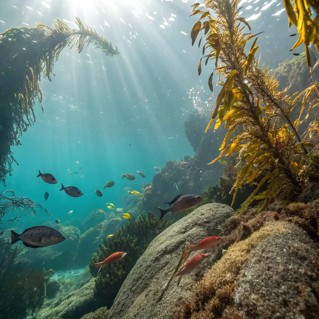 Hidden Paradise: 17 Mind-Blowing Free Adventures in Avalon You Can't Miss Underwater view of marine life at Lover's Cove with sunlight filtering through kelp forest and schools of colorful fish near rocks