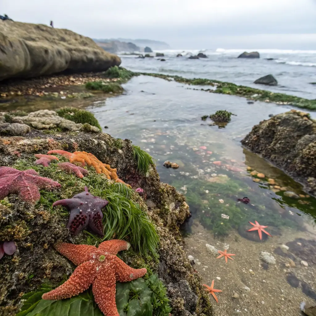 Close-up of vibrant tide pool ecosystem with sea stars and crabs at Lovers Point Park beach, rocky shoreline and ocean waves in the background