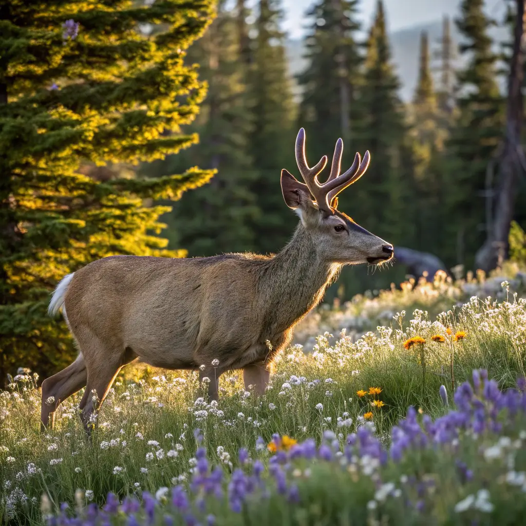 Majestic mule deer in wildflower alpine meadow with sunlight piercing through pine trees