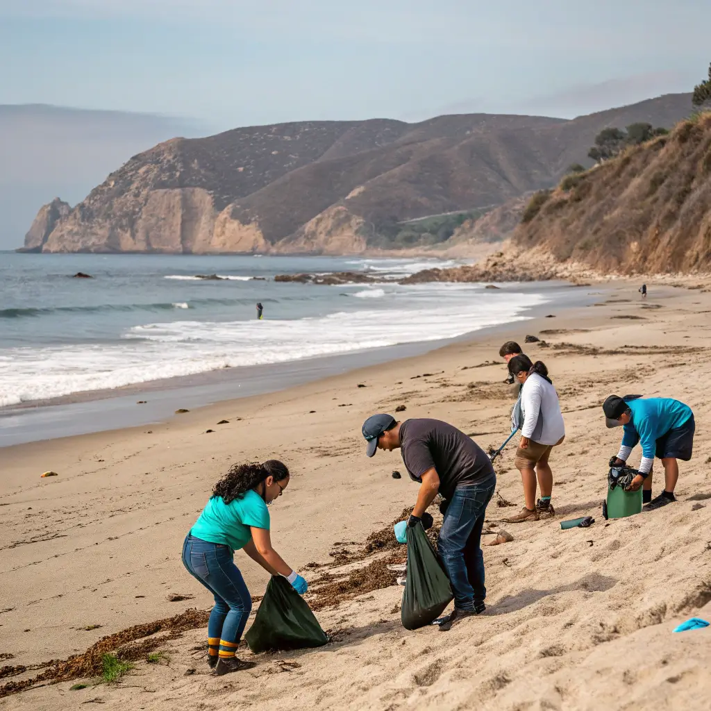 Environmental volunteers cleaning Malibu beach with Pacific Ocean and rugged coastline in the background, demonstrating teamwork and conservation