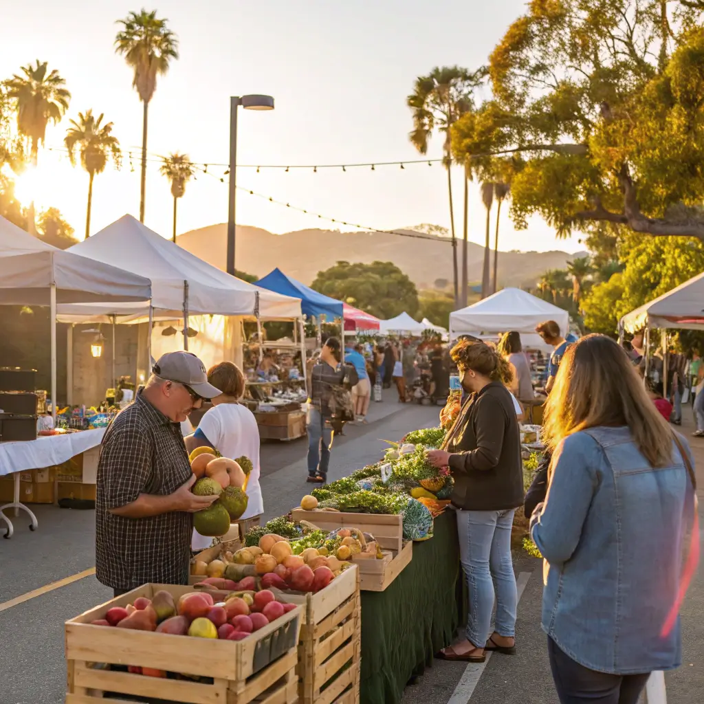 Locals sampling fresh produce at a lively Malibu farmers market with artisan stalls and live music performance, under warm golden sunlight
