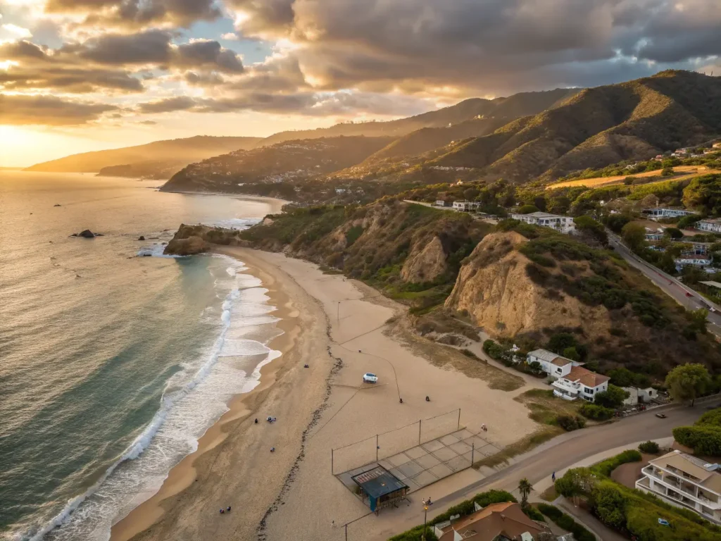 "Panoramic view of Malibu coastline during golden hour, with Zuma Beach, beach volleyball nets, El Matador State Beach rock formations, breaching dolphins, hiking trails, the Getty Villa, and a yoga class silhouette bathed in sunset colors."