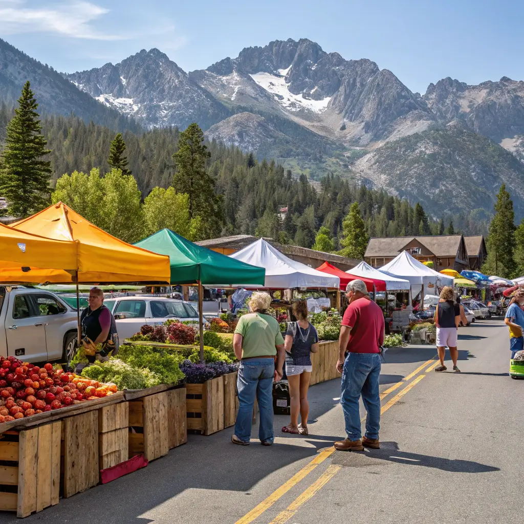 Diverse local vendors at a bustling Mammoth Lakes farmer's market showcasing colorful fresh produce, with community interactions and mountains in the background.