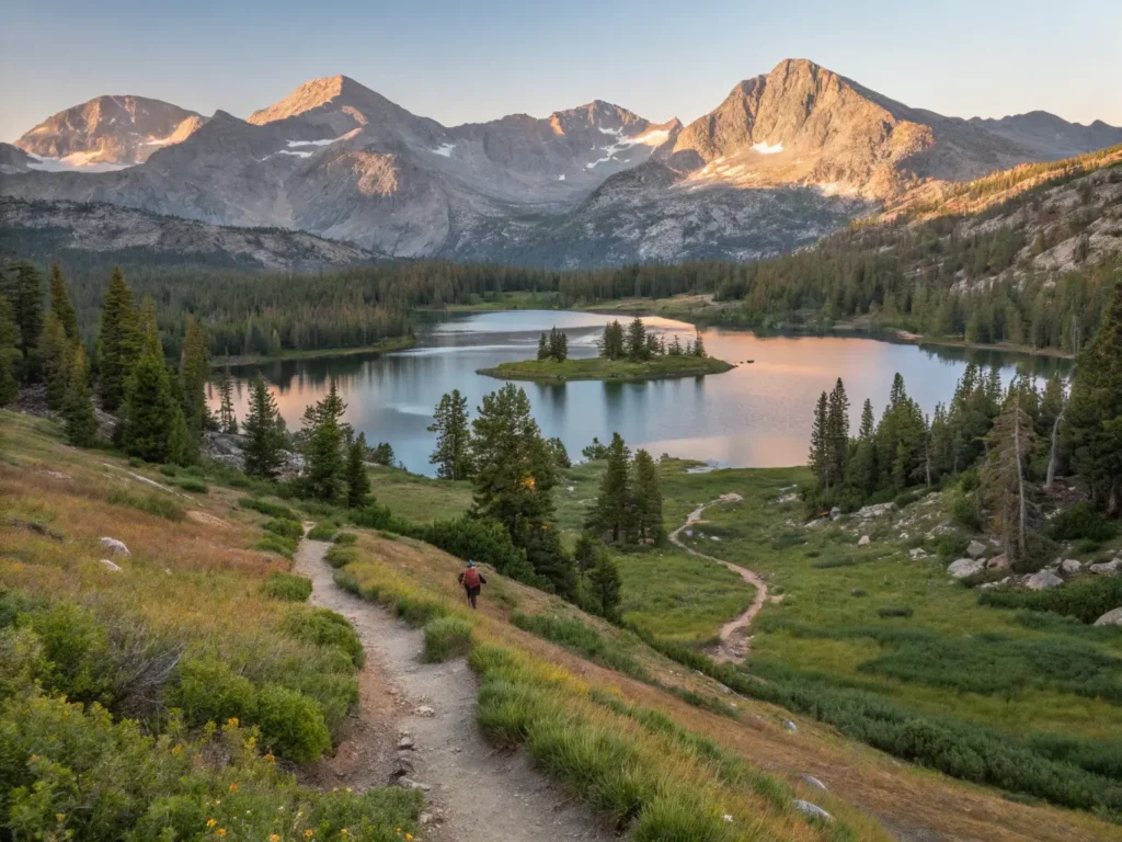 "Panoramic view of Mammoth Lakes Basin during golden hour with alpine lakes, snow-capped mountains, hiking trail, vibrant meadow, pine trees, and mule deer grazing."