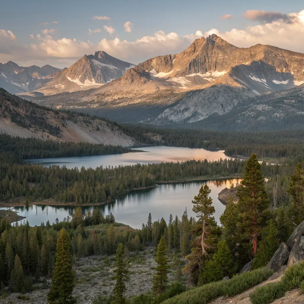 Dramatic morning landscape of Mammoth Lakes Basin with clear mountain lakes, pine forests, and snow-capped peaks