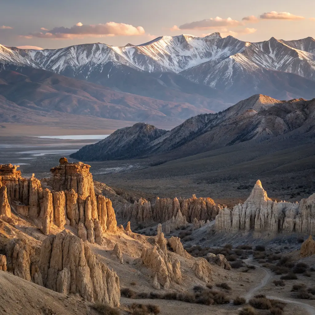 Early morning light illuminates the volcanic rock formations and snow-capped peaks of the Mammoth Lakes region in the Eastern Sierra landscape