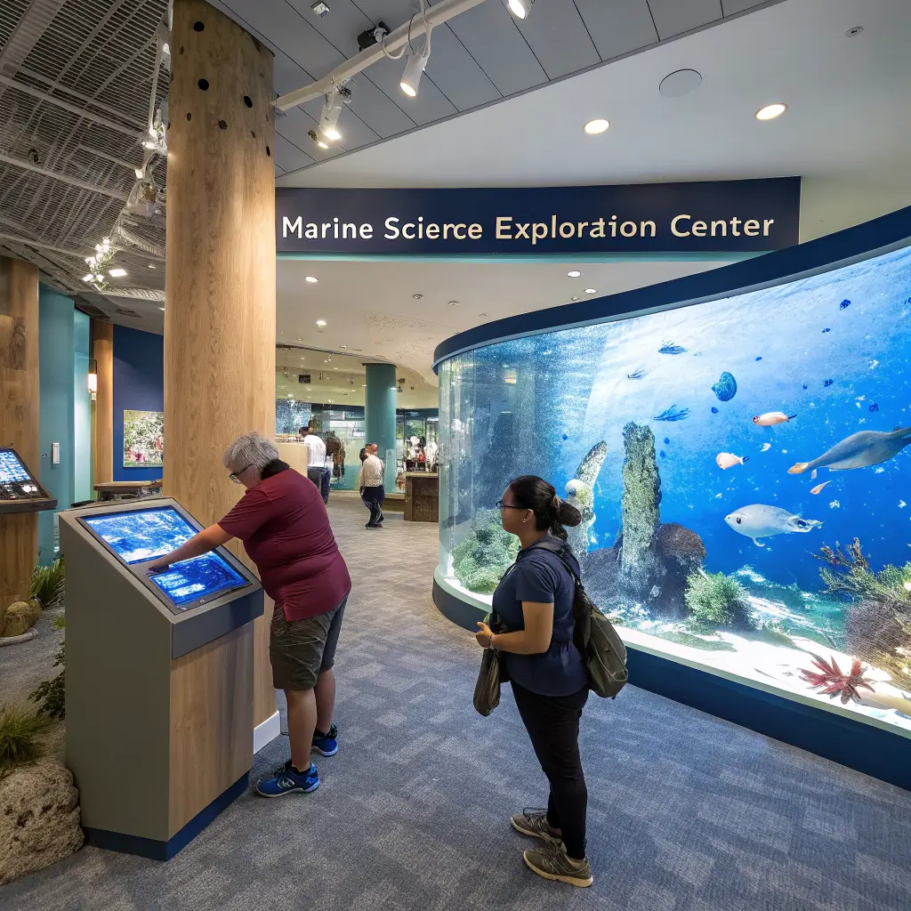 Visitors interacting with educational touchscreens in a marine science exploration center featuring large aquarium displays and marine conservation graphics