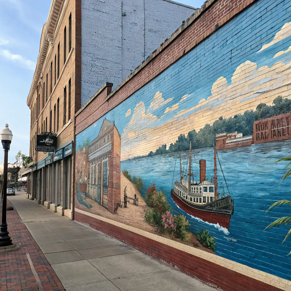 Downtown mural depicting maritime heritage with rich blues and earth tones on a textured brick wall under soft natural lighting