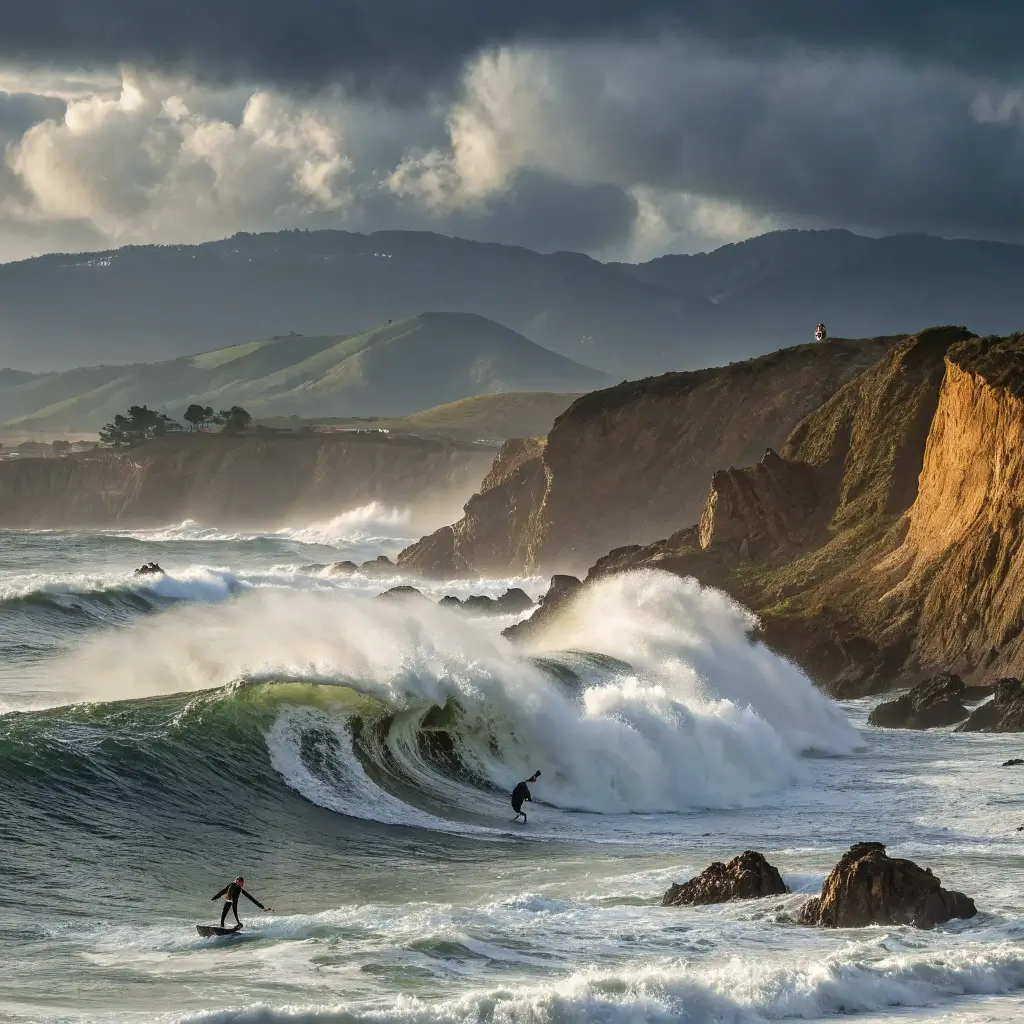 Professional surfers riding massive waves at Mavericks Beach, against a backdrop of a dramatic coastal landscape with rocky coastline and dramatic cloud formations