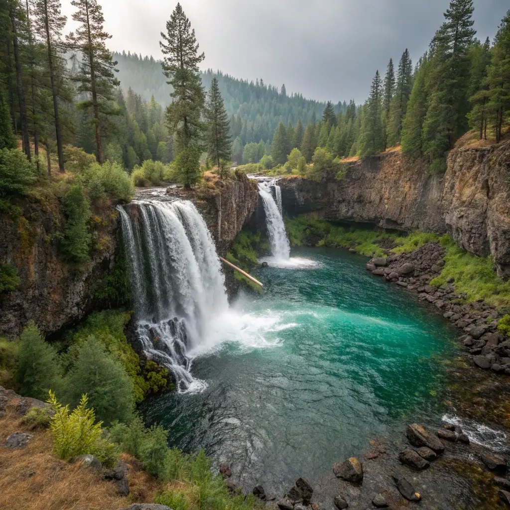 McCloud Falls with three cascades and turquoise water in lush green surroundings, mid-morning light illuminating the scene
