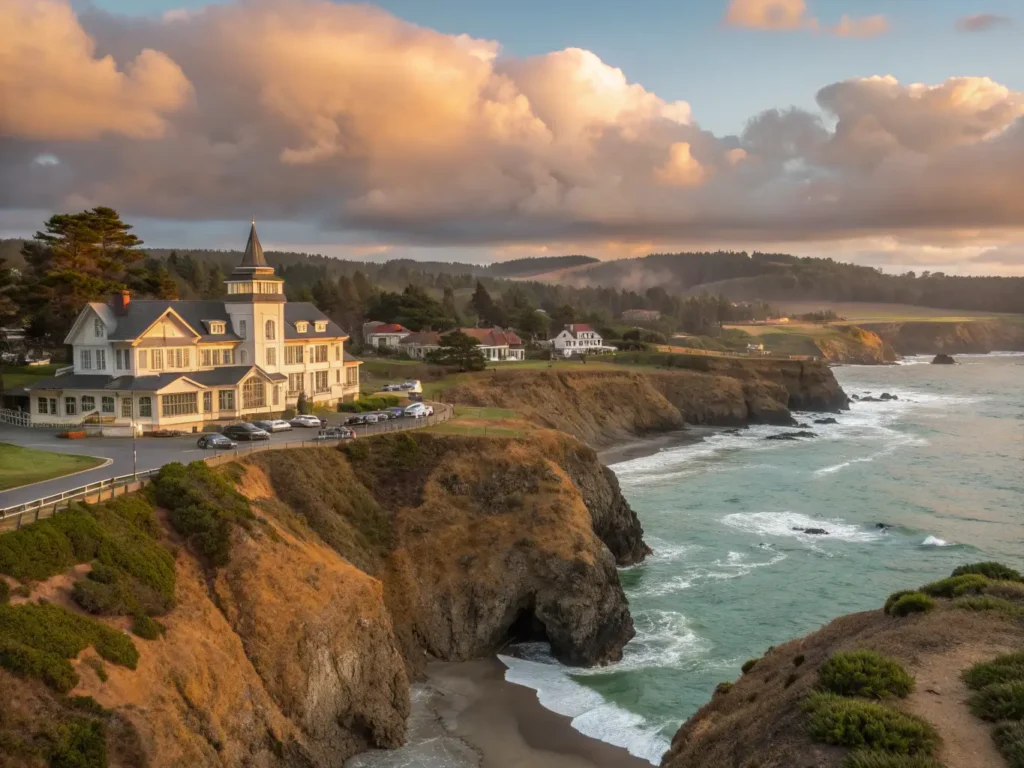 "Panoramic sunset view of Mendocino's cliffs and pristine beaches with Victorian architecture, Glass Beach's colorful sea glass, tide pools, breaching gray whales, lounging harbor seals, Pygmy Forest, and winding hiking trails"