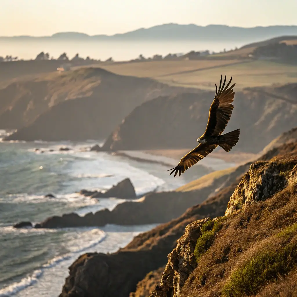 Hawk soaring mid-flight over rugged Mendocino Headlands coastline during golden hour