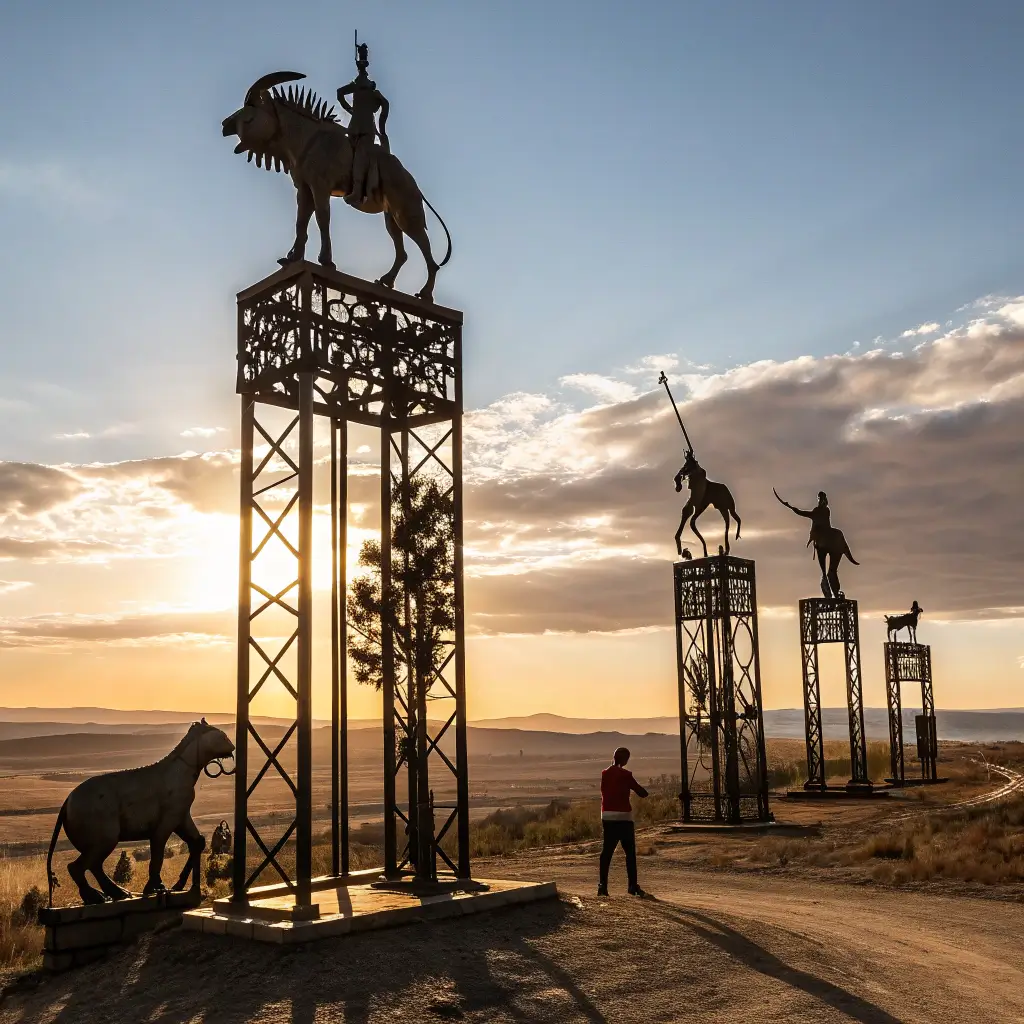 Dramatic Ricardo Breceda metal sculptures of wild animals and historical figures standing in an open landscape during golden hour, casting long shadows across the arid terrain.