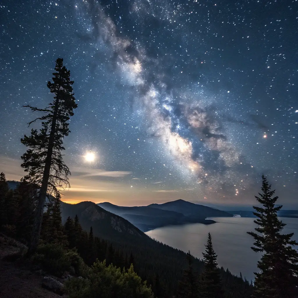 Night sky photography of the Milky Way above a silhouetted mountain range with pine trees, illuminated by moonlight