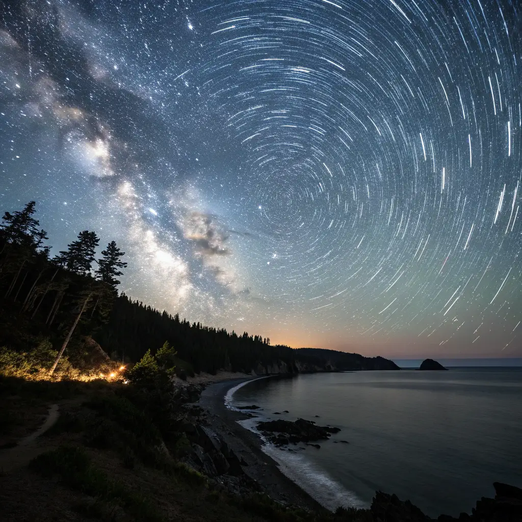 Long-exposure night photo of Milky Way and star trails over a silhouetted coastal landscape with minimal light pollution