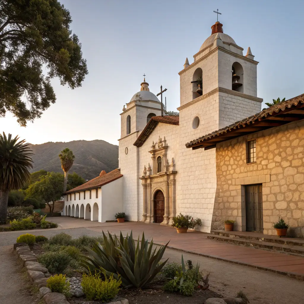 Early morning shot of Mission Santa Inés exterior highlighting Spanish colonial architecture and native California landscape