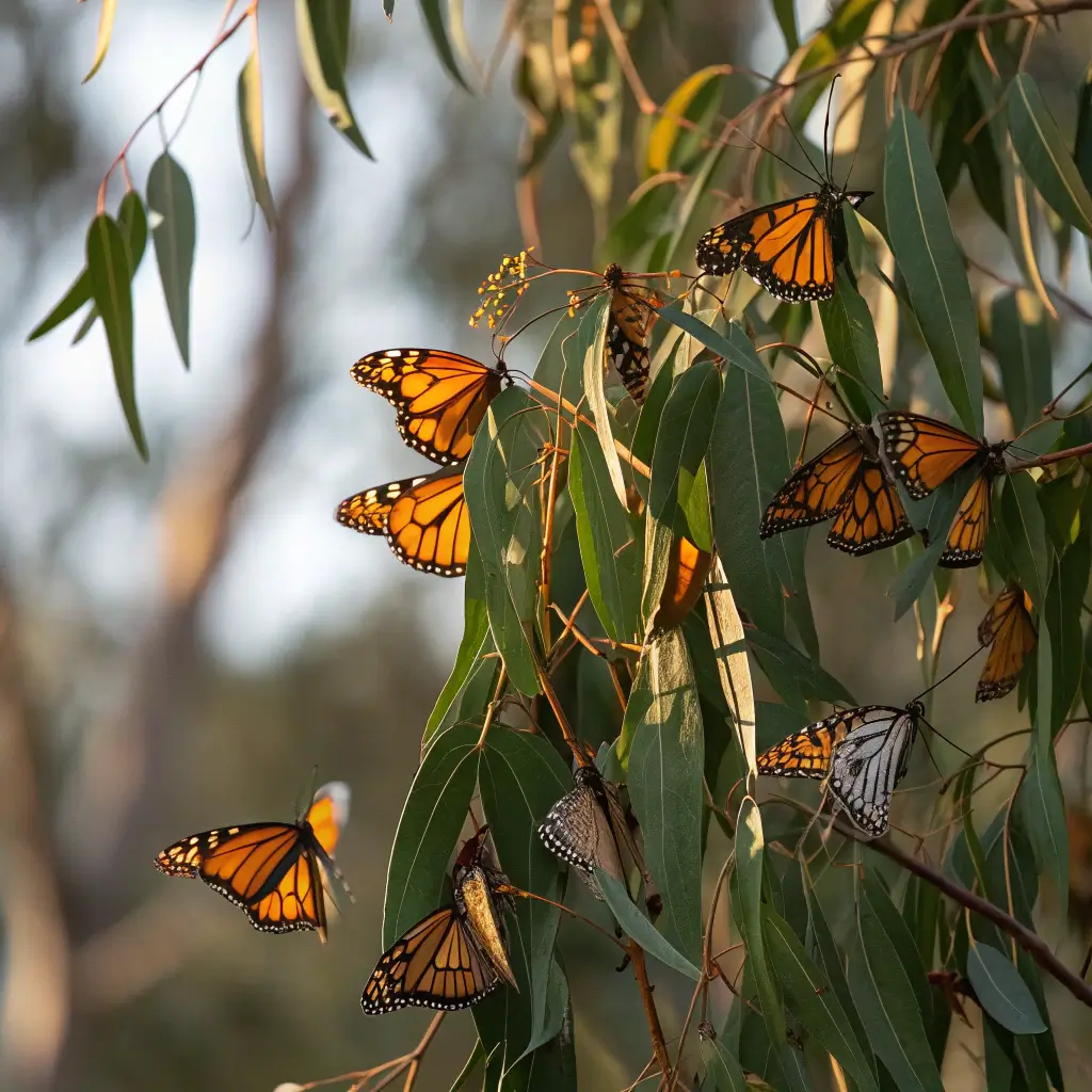 Monarch butterflies clustering on eucalyptus tree branches in morning light, showcasing their orange and black wings with detailed textures against a natural woodland background