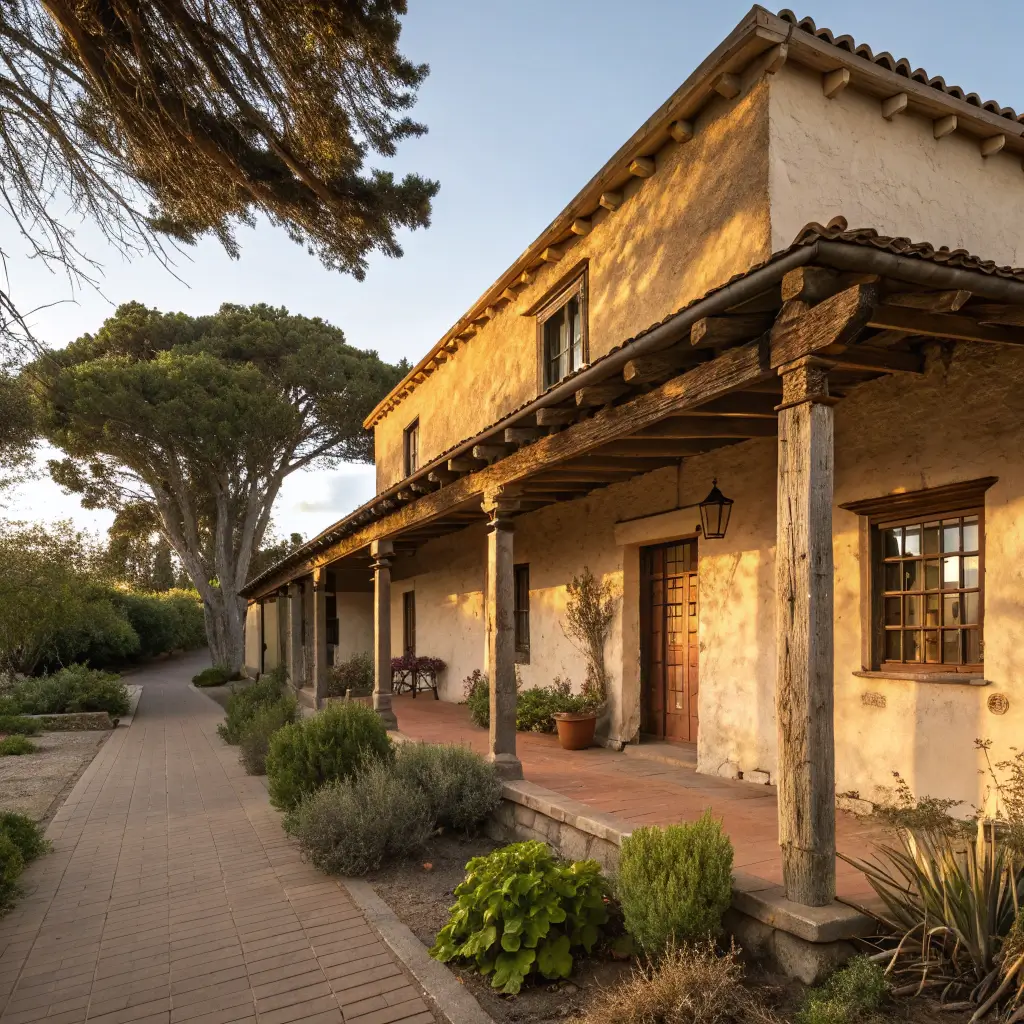 Historic Adobe building in downtown Monterey featuring California colonial architecture with weathered clay walls and wooden beams, bathed in soft golden sunlight