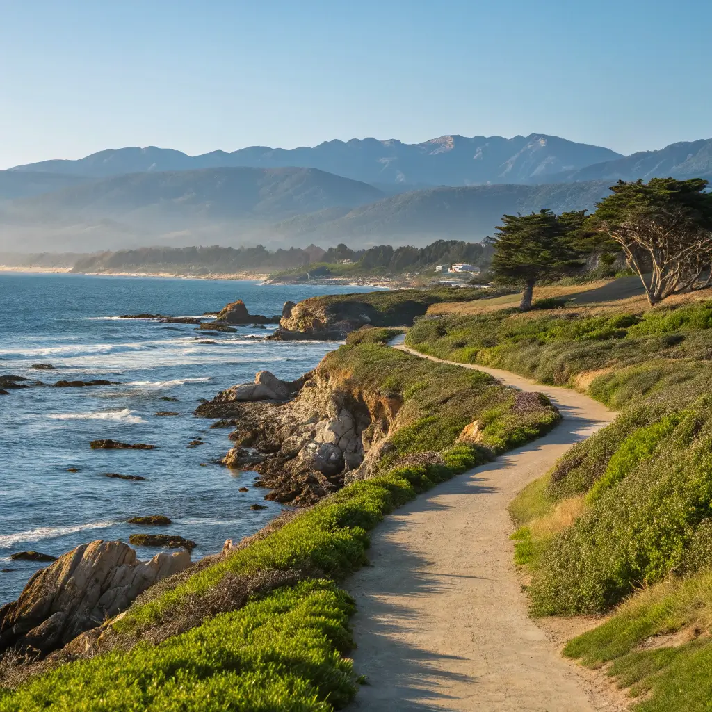 Panoramic view of Monterey Bay Coastal Recreation Trail with rocky coast, blue ocean, green vegetation, and distant mountains under morning light
