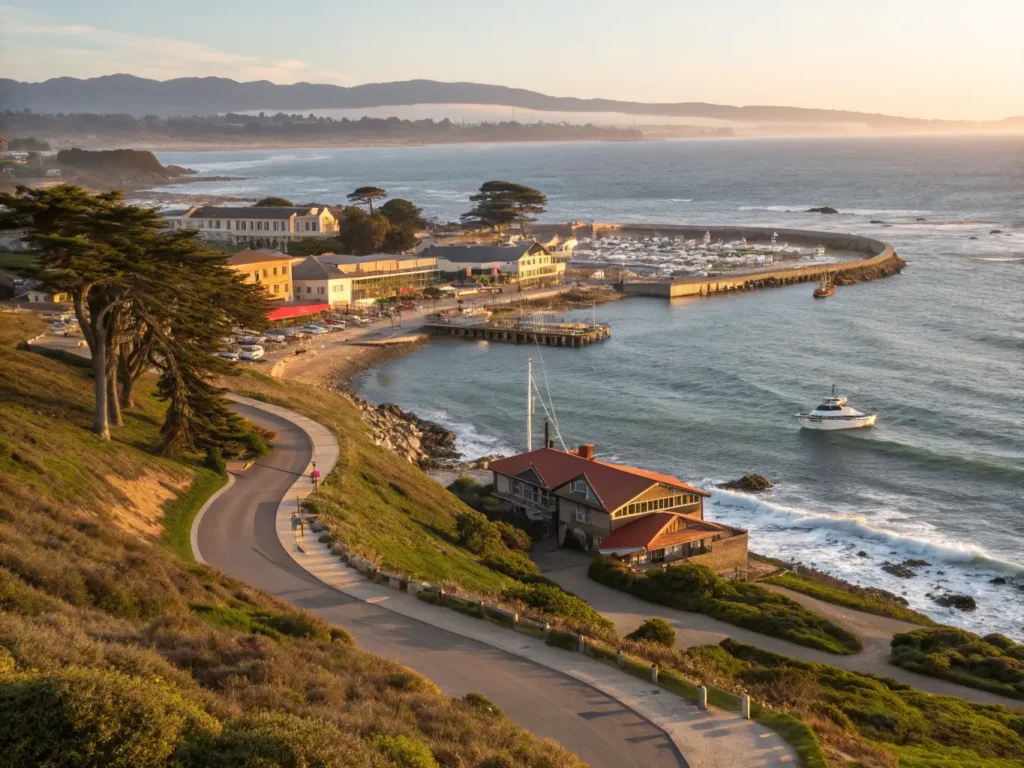 "Panoramic view of Monterey Bay at golden hour featuring Fisherman's Wharf, Coastal Recreation Trail, sea otters in kelp beds, the Pacific coastline with cypress trees and soaring seabirds, historical adobe buildings and distant sailboats."