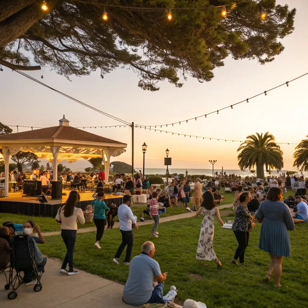 Diverse locals enjoying a vibrant summer concert in an open-air park in Monterey, dancing under strings of soft lights with warm golden hour lighting