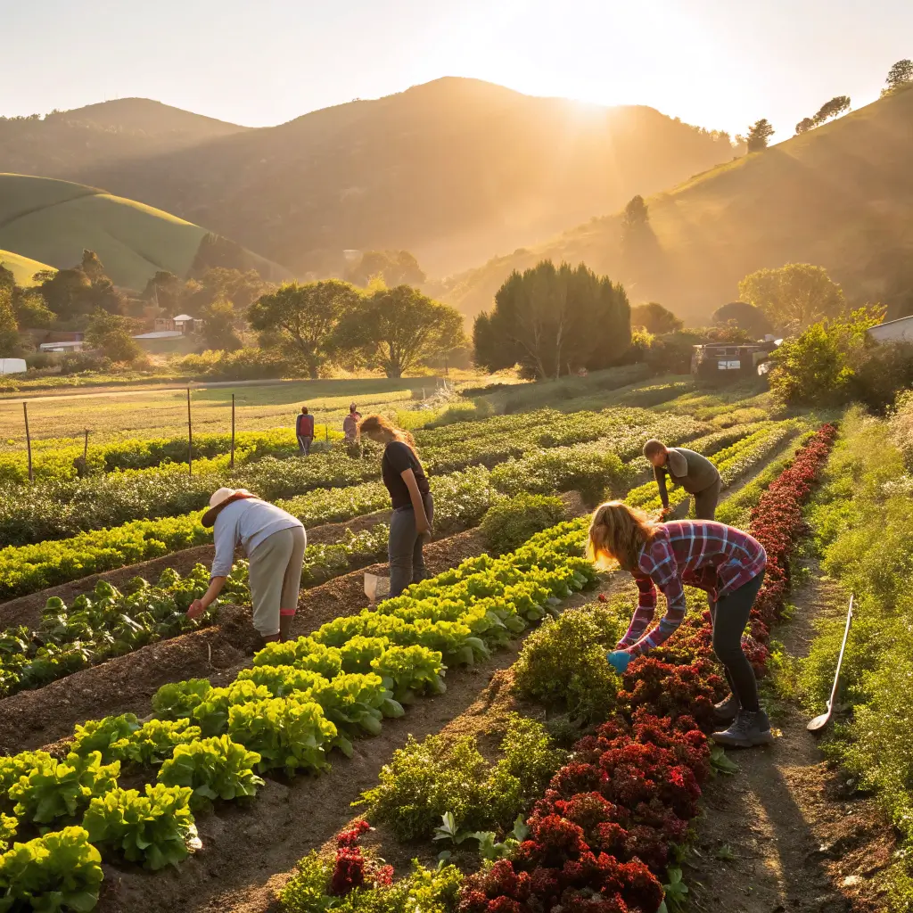 Young volunteers working in an organic garden at Morning Star Youth Farm in morning sunlight, with California hills in backdrop