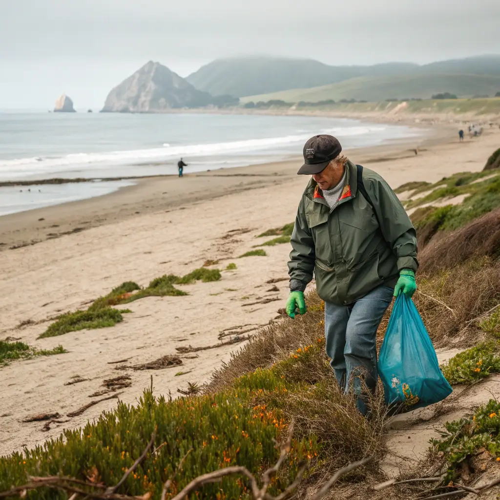 Volunteer cleaning up marine debris at Morro Bay beach against a backdrop of pristine coastal landscape