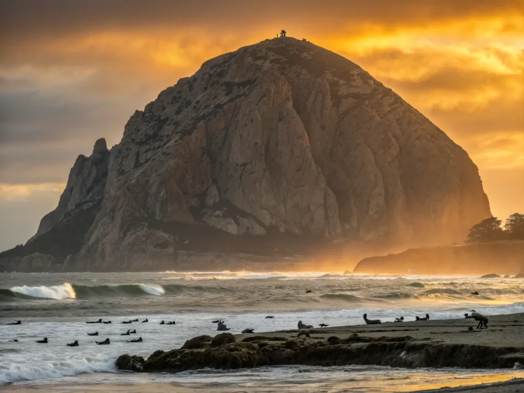 "Morro Rock at sunset with sea otters and peregrine falcons, and a panorama of rocky coastline with visible State Park eucalyptus groves."