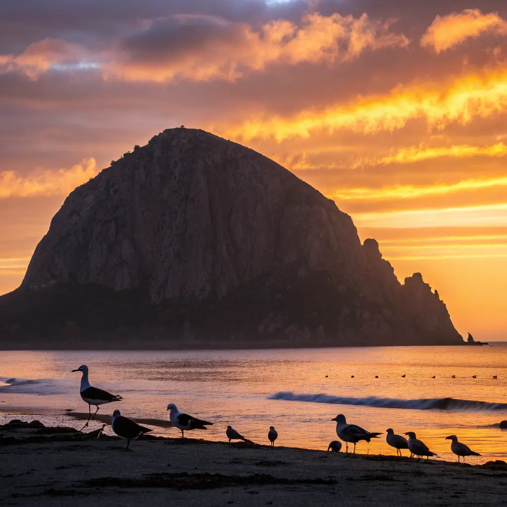 Morro Rock silhouette at sunset with vibrant sky, gentle waves, and flying seabirds
