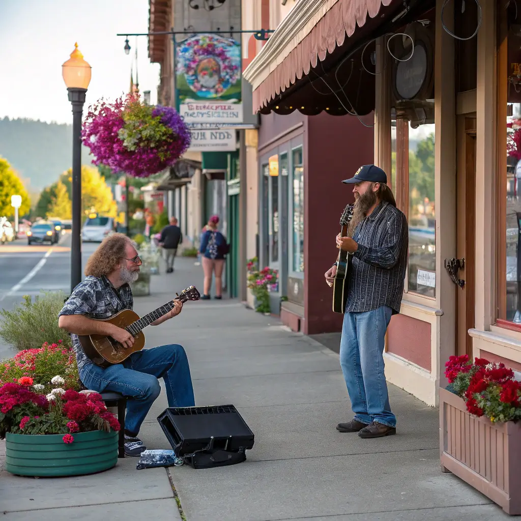 Street musicians playing on Mount Shasta Boulevard amidst eclectic metaphysical shops, wildflower planters and afternoon light highlighting the unique character of the community