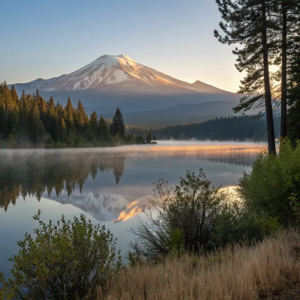 Panoramic sunrise view of Lake Siskiyou reflecting Mount Shasta's snow-capped peak, surrounded by pine forest in soft golden light, devoid of human presence