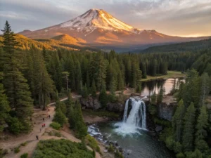 "Aerial view of Mount Shasta at sunset with illuminated snow-capped peak, McCloud Falls, Lake Siskiyou reflection, hikers, and deer in a lush forest setting."
