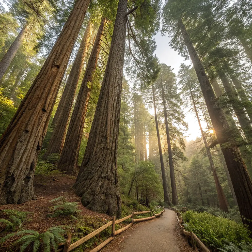 Panoramic view of towering redwood trees in Muir Woods National Monument with morning sunlight filtering through dense forest canopy