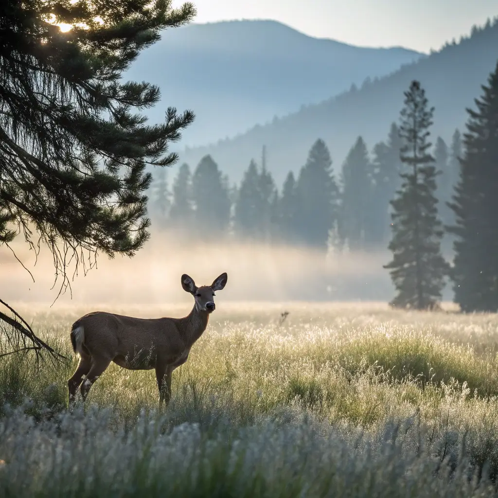 Mule deer exploring a dewy meadow near Lake Siskiyou in early morning light, with blurry mountain silhouette in the background