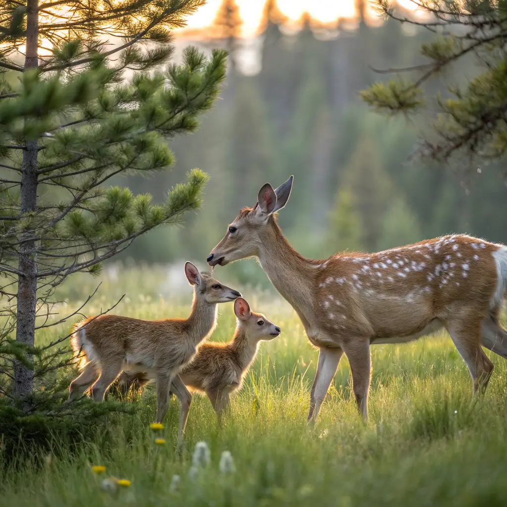 Family of mule deer grazing in lush riverside meadow with morning light striking through pine trees