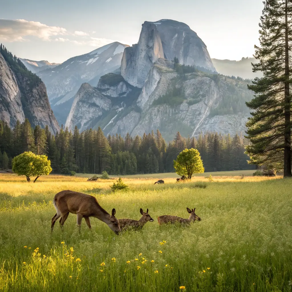 Mule deer family grazing in Yosemite Valley meadow with blurred Half Dome and rock formations in the background