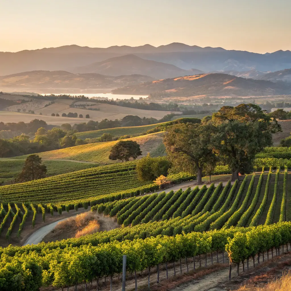 17 Jaw-Dropping Free Adventures in Grass Valley That Will Blow Your Mind Golden hour panorama of Naggiar Vineyard with sunlit green vine rows and distant Sierra Foothills mountains