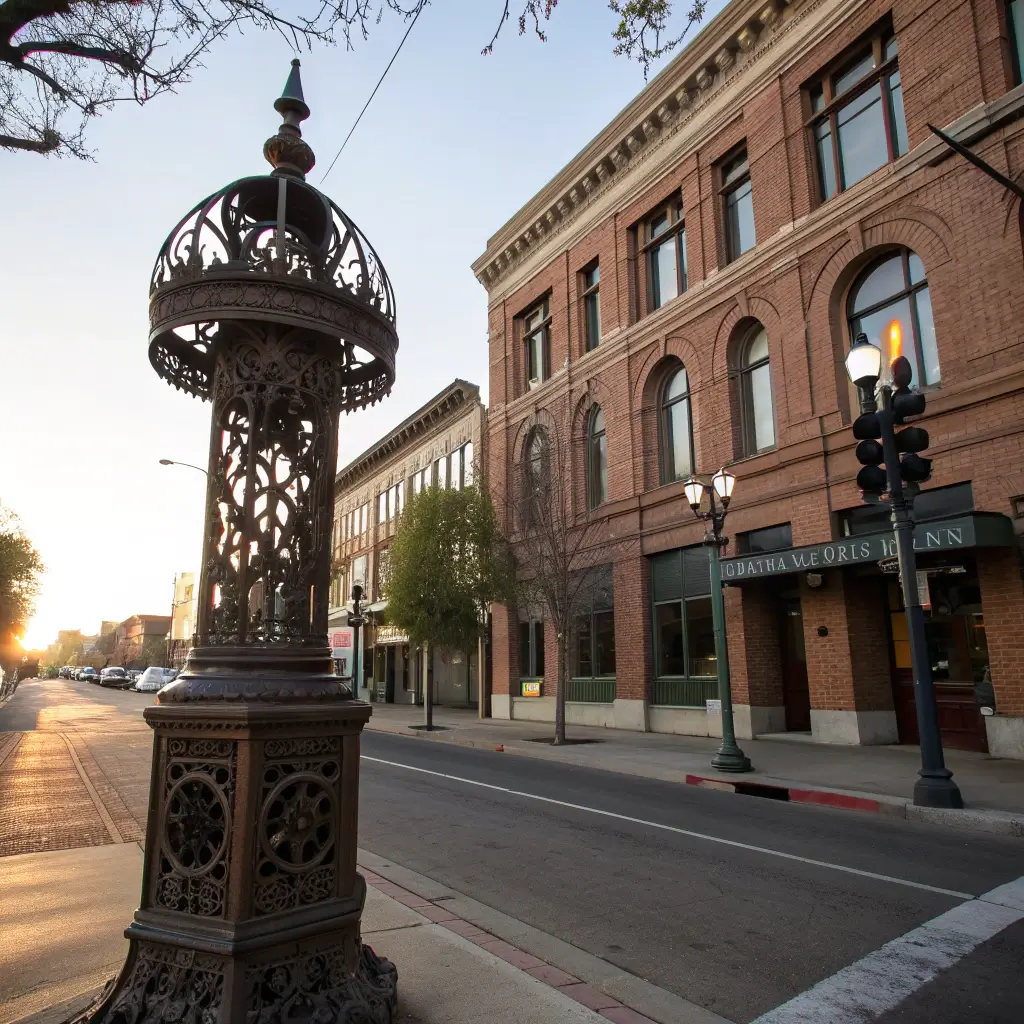 Close-up view of a public art installation and intricate street sculpture near a historic brick building in downtown Napa, bathed in soft morning light creating dramatic shadows, in a deserted urban environment