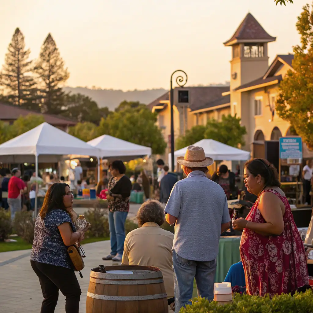 Candid image of diverse local residents enjoying a community festival in Napa Valley during golden hour, showcasing vibrant interaction and cultural connection