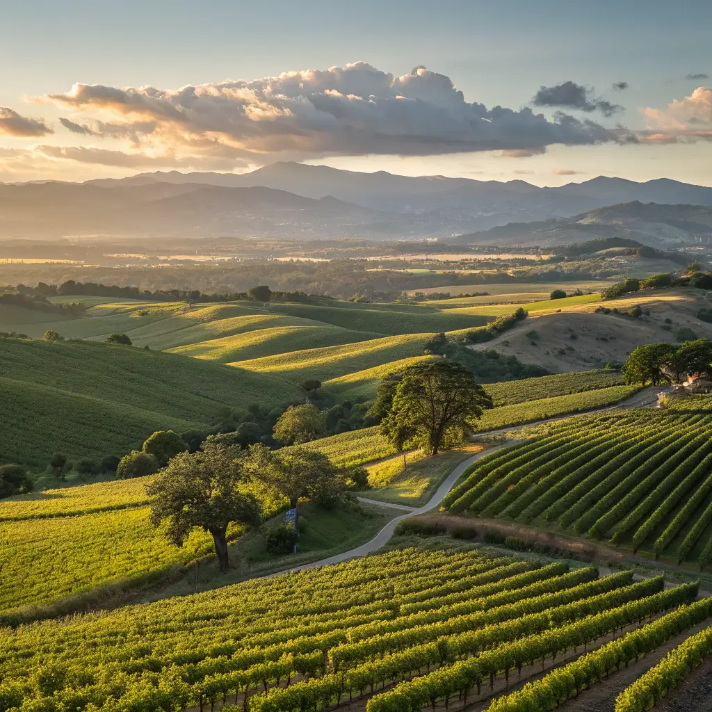 Panoramic view of Napa Valley vineyards during golden hour with distant mountains and clouds