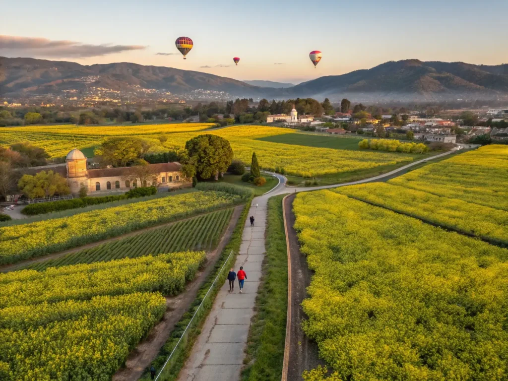 "Aerial sunset view of Napa Valley featuring hikers, public art, St. Helena buildings, and air balloons over mustard flower fields and vineyards."