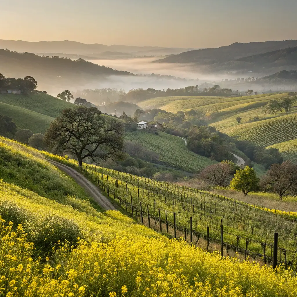Panoramic shot of Napa Valley's vineyard hills adorned with wild mustard blooms in morning light
